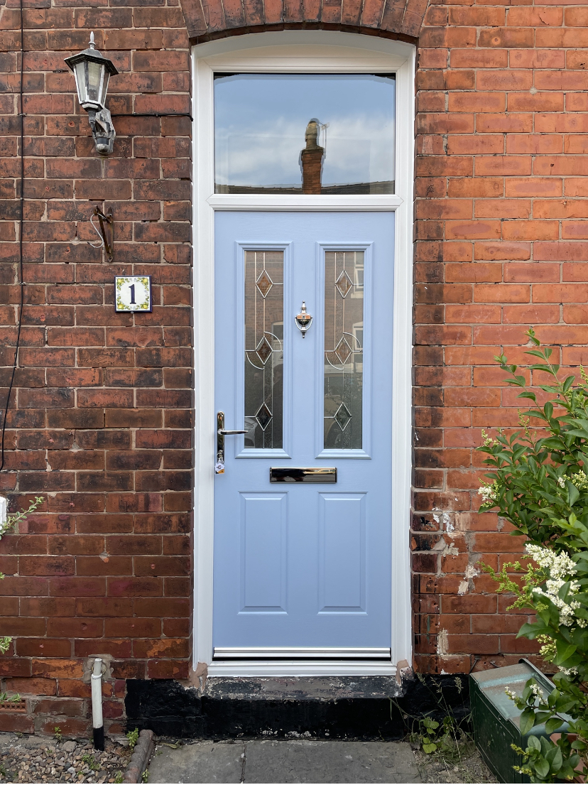 Duck egg blue with white frame traditional compoiste front door