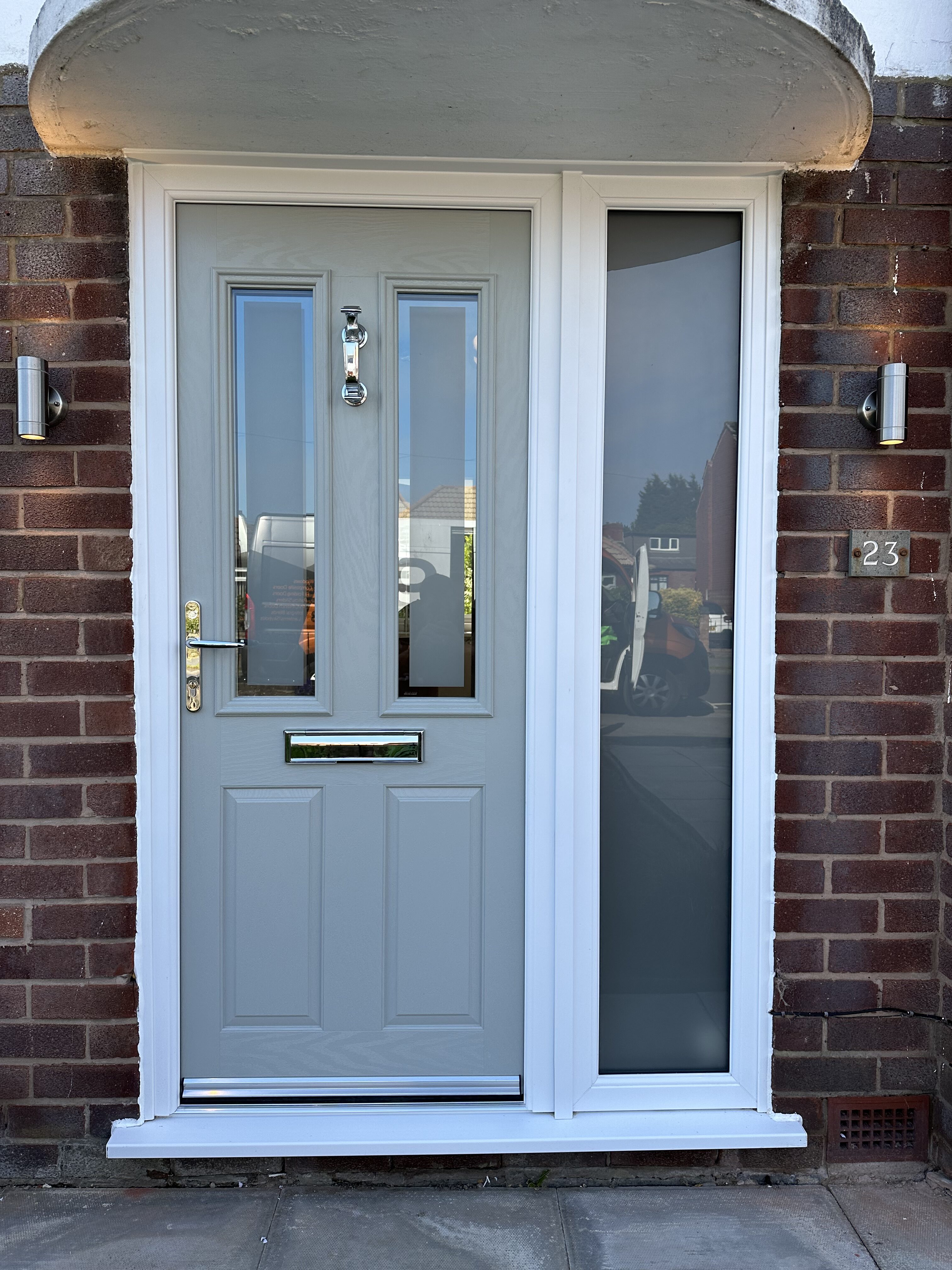 Agate grey door slab with white frame traditional composite front door with chrome premium doctor door knocker
