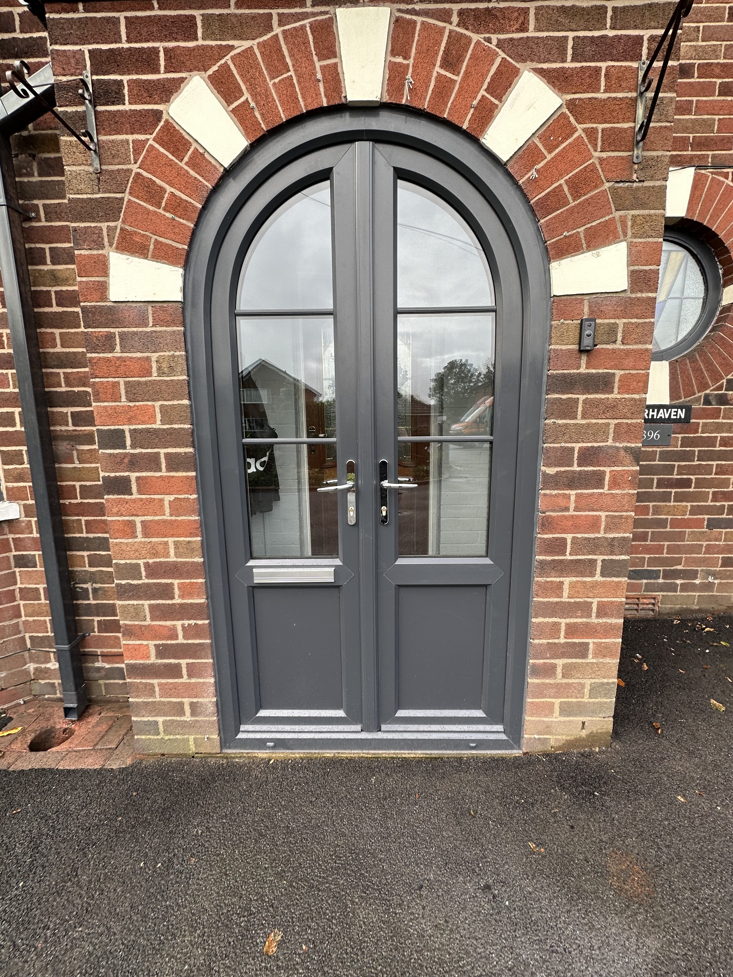 Arched PVC Anthracite grey French doors with astragal bars
